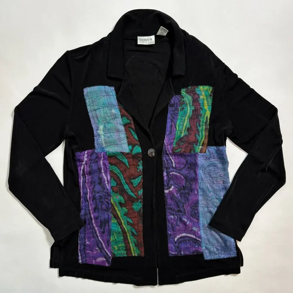 Vintage Slinky Knit 90s Chicos Travelers 1 Black Jacket Silk Patchwork Quilted